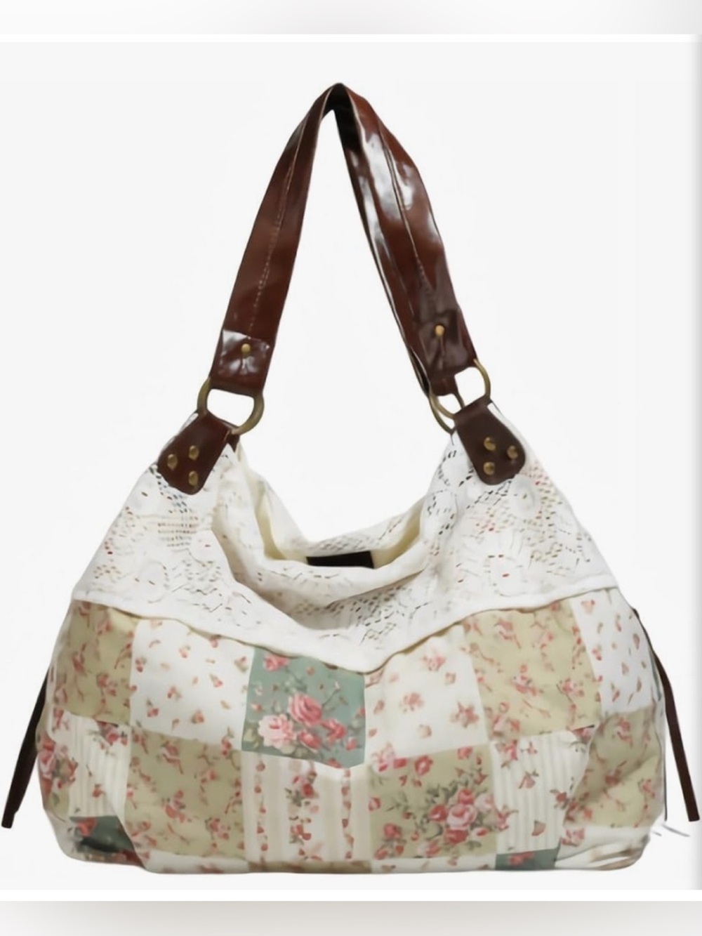 Women's Floral Patchwork Shoulder Bag with Lace Trim